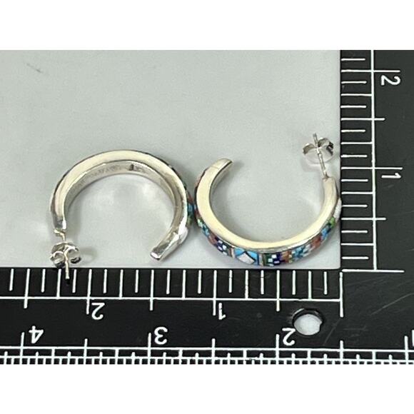 Native American ZUNI Sterling Silver Multi Gem Micro Inlay Hoop Earrings Signed - Picture 13 of 15